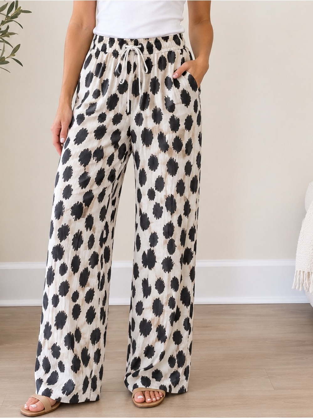 Cotton Casual Wide Leg Drawstring Pants - Black White Leopard Print